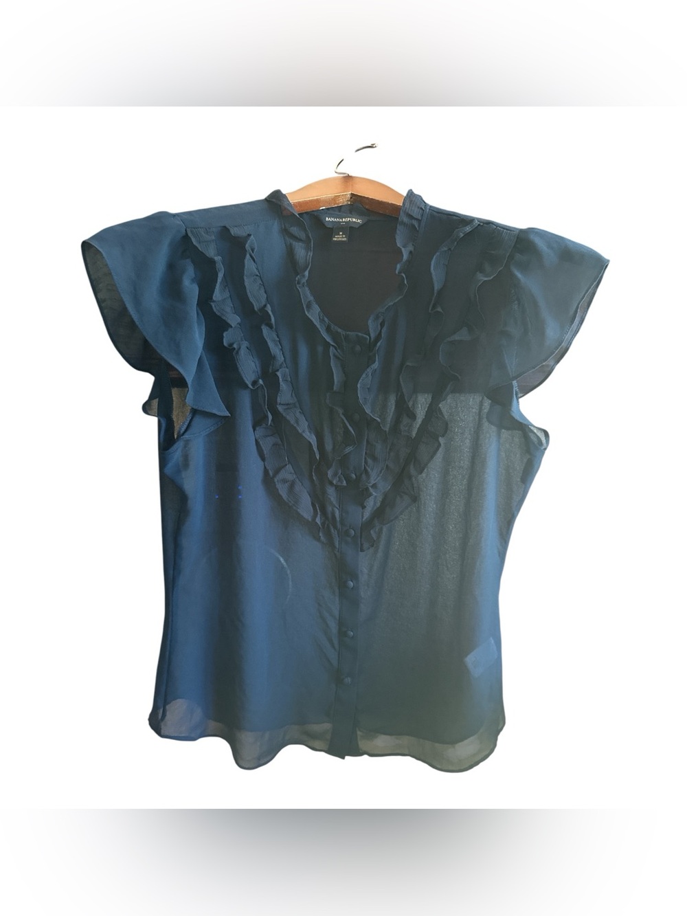 Banana Republic Dark Blue Ruffle Front Flutter Sleeve Button Up Sheer Blouse MED
